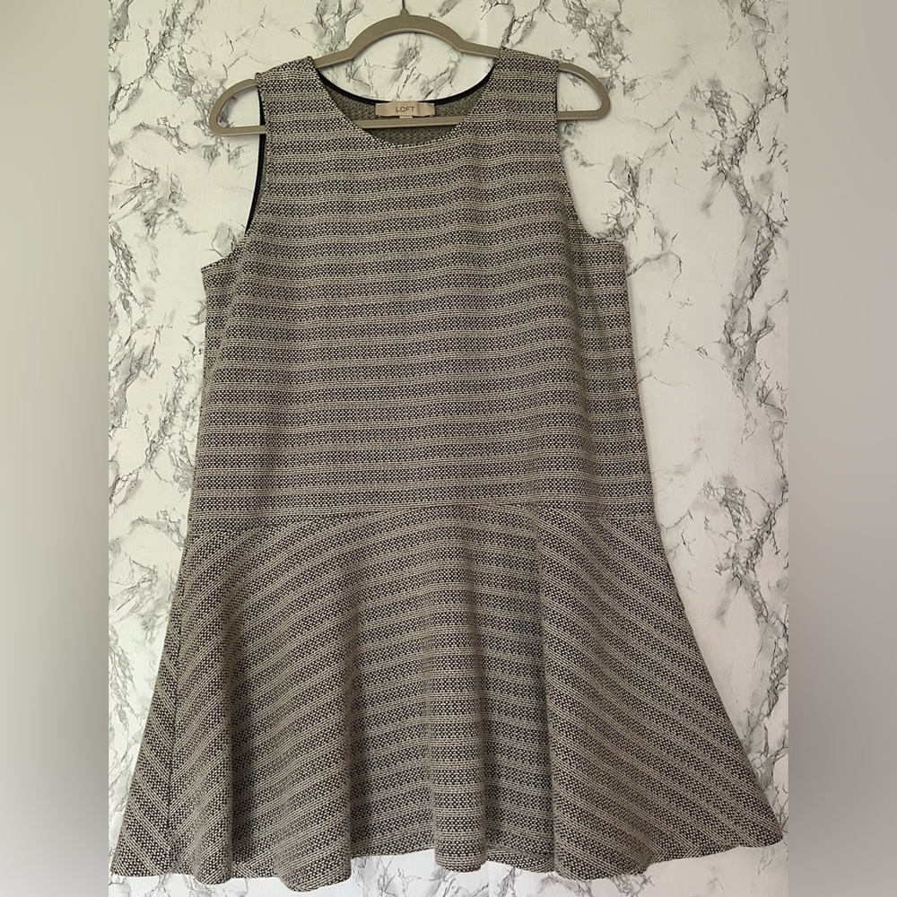 Ann Taylor Loft Textured Stripe Drop Waist Dress Size Large Black White Classic
